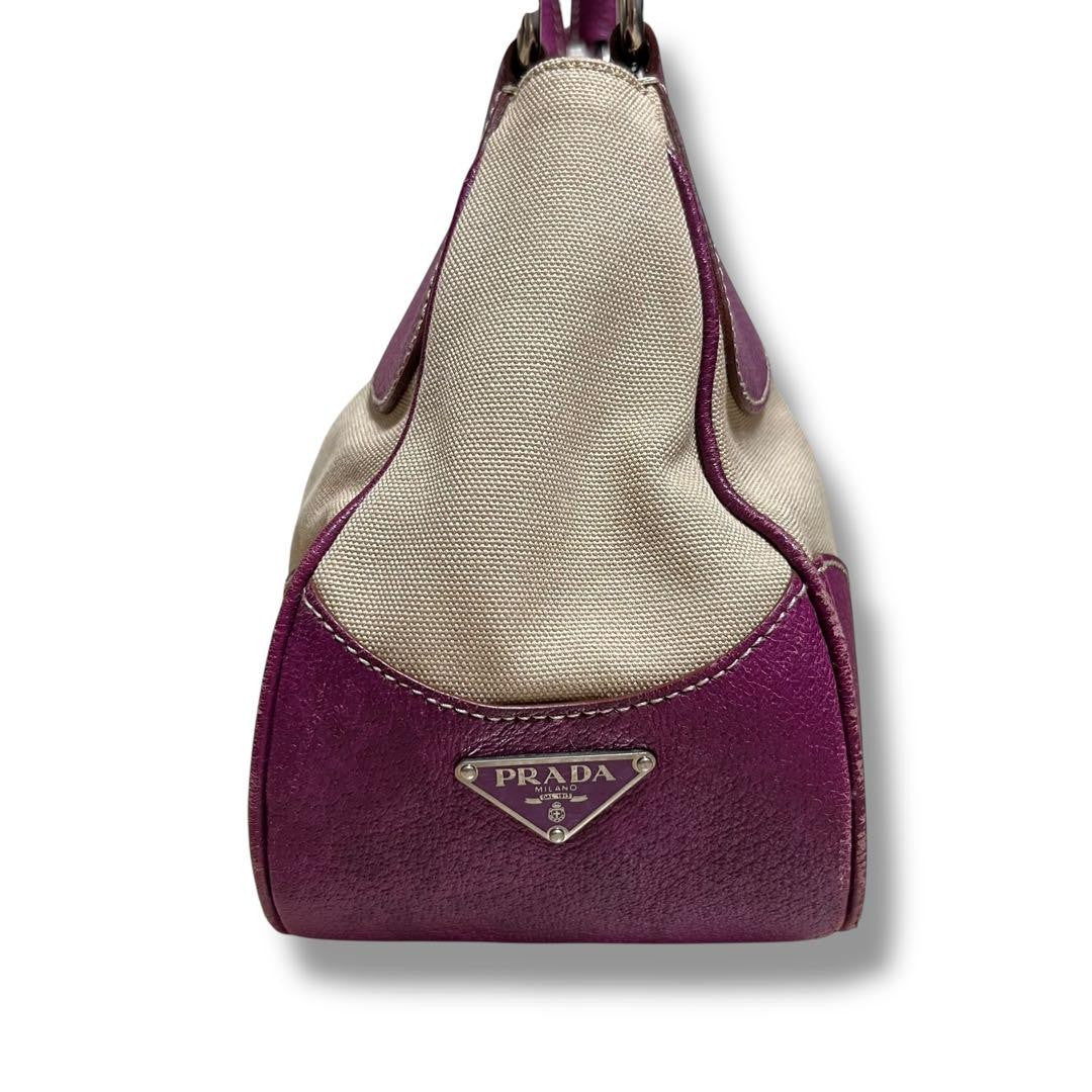 PRADA Hand Bag Tote Purse Canvas Leather Purple Authentic