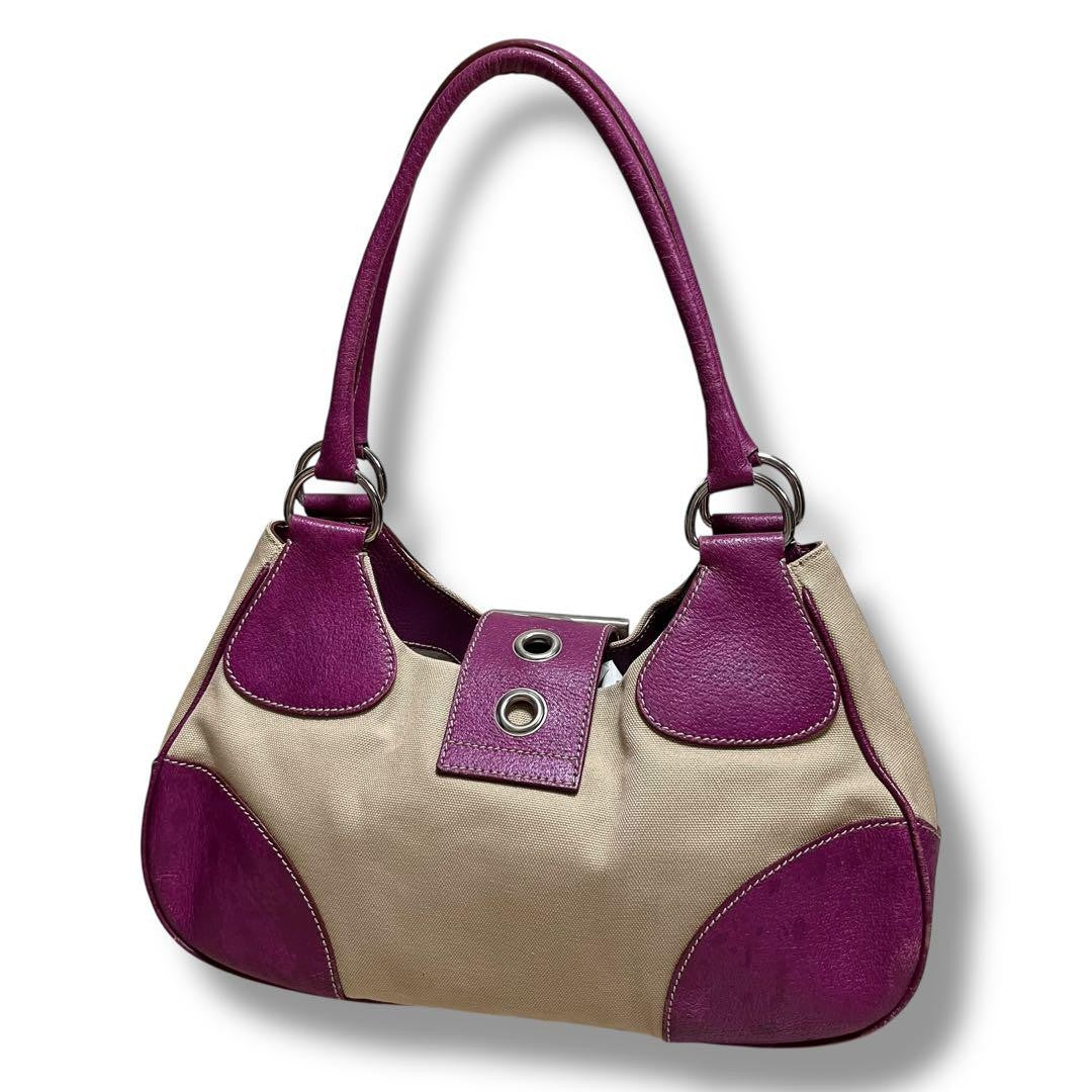 PRADA Hand Bag Tote Purse Canvas Leather Purple Authentic