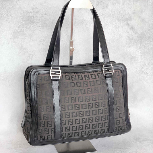 FENDI Hand Bag Tote Bag Purse FF Zucchino Pouch Canvas Leather Brown Vintage