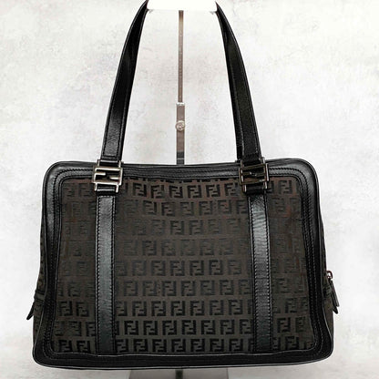 FENDI Hand Bag Tote Bag Purse FF Zucchino Pouch Canvas Leather Brown Vintage