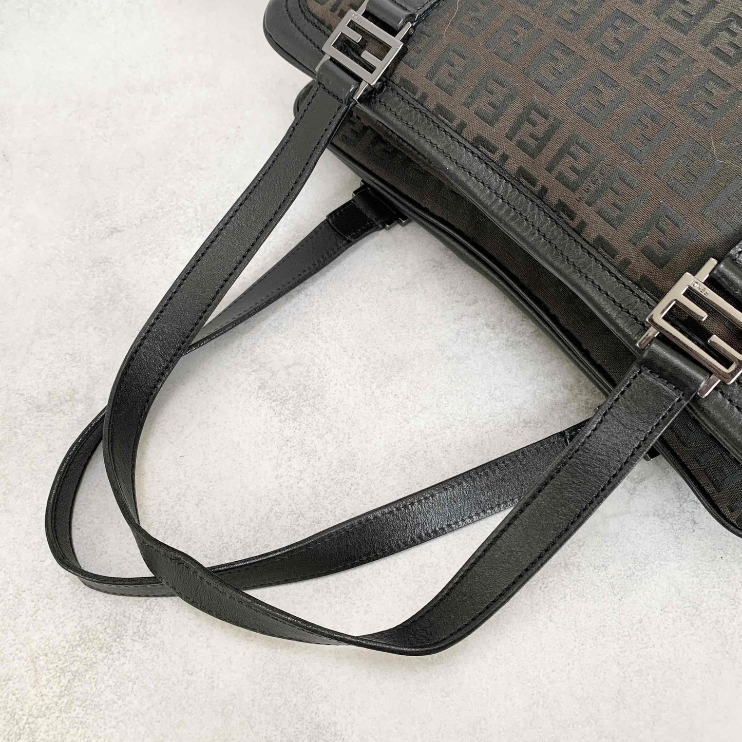 FENDI Hand Bag Tote Bag Purse FF Zucchino Pouch Canvas Leather Brown Vintage