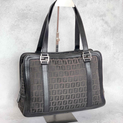 FENDI Hand Bag Tote Bag Purse FF Zucchino Pouch Canvas Leather Brown Vintage