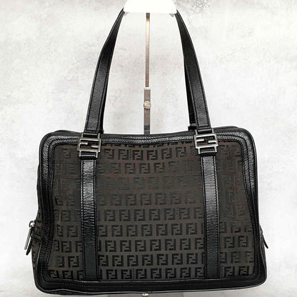 FENDI Hand Bag Tote Bag Purse FF Zucchino Pouch Canvas Leather Brown Vintage