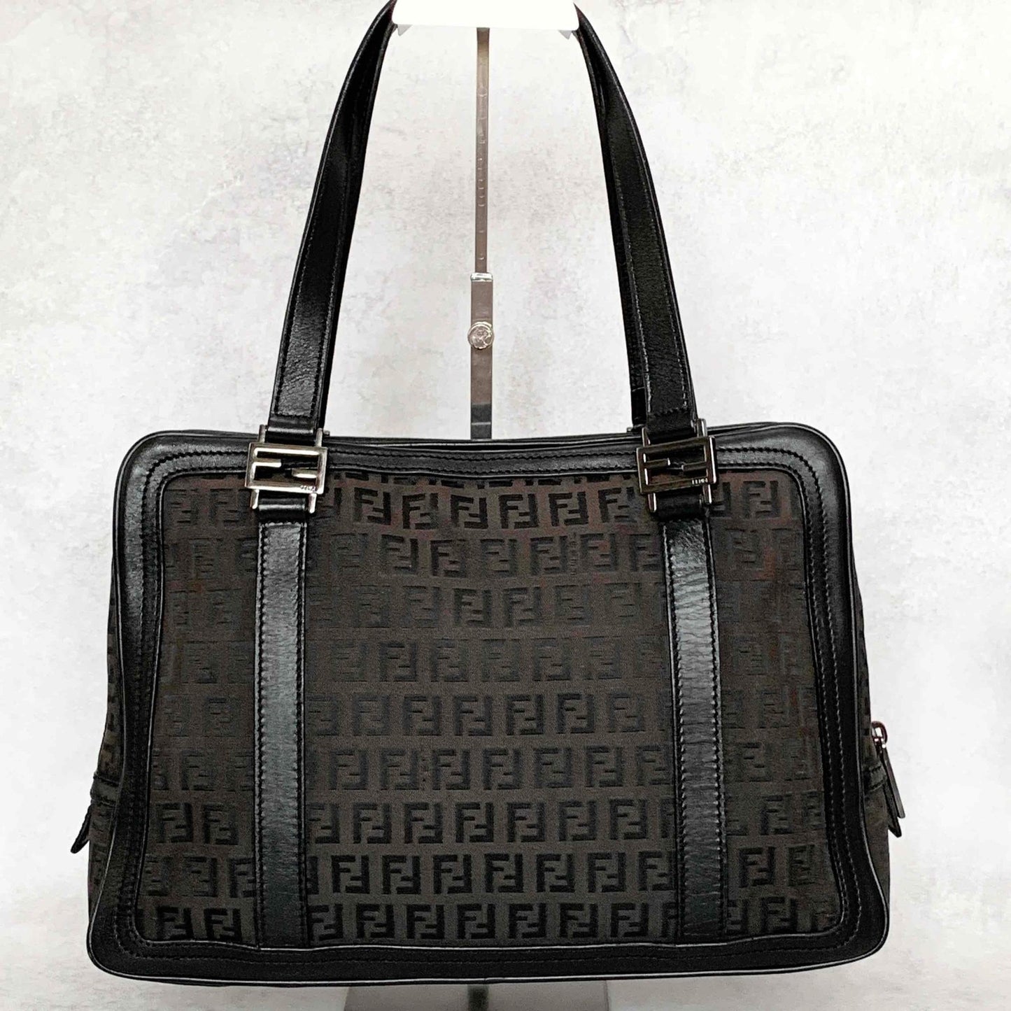 FENDI Hand Bag Tote Bag Purse FF Zucchino Pouch Canvas Leather Brown Vintage