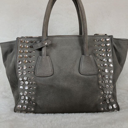 PRADA Hand Shoulder Bag Tote Purse 2way Logo Suede Gray Authentic