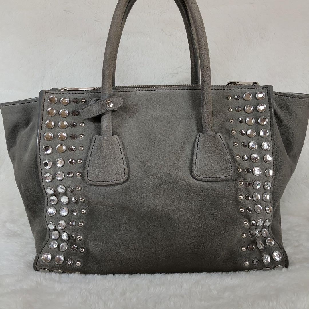 PRADA Hand Shoulder Bag Tote Purse 2way Logo Suede Gray Authentic