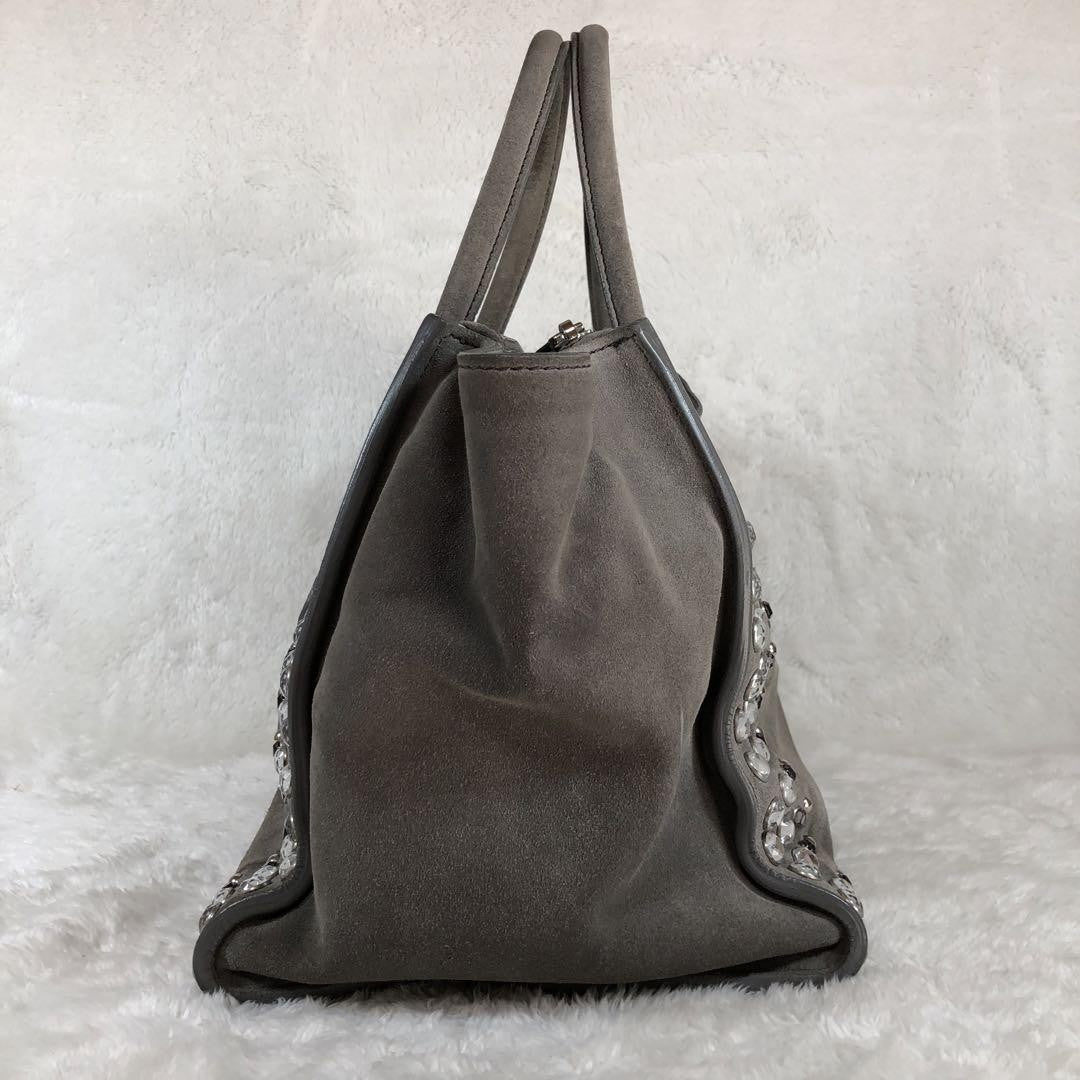 PRADA Hand Shoulder Bag Tote Purse 2way Logo Suede Gray Authentic