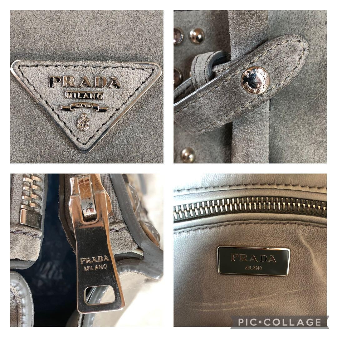 PRADA Hand Shoulder Bag Tote Purse 2way Logo Suede Gray Authentic