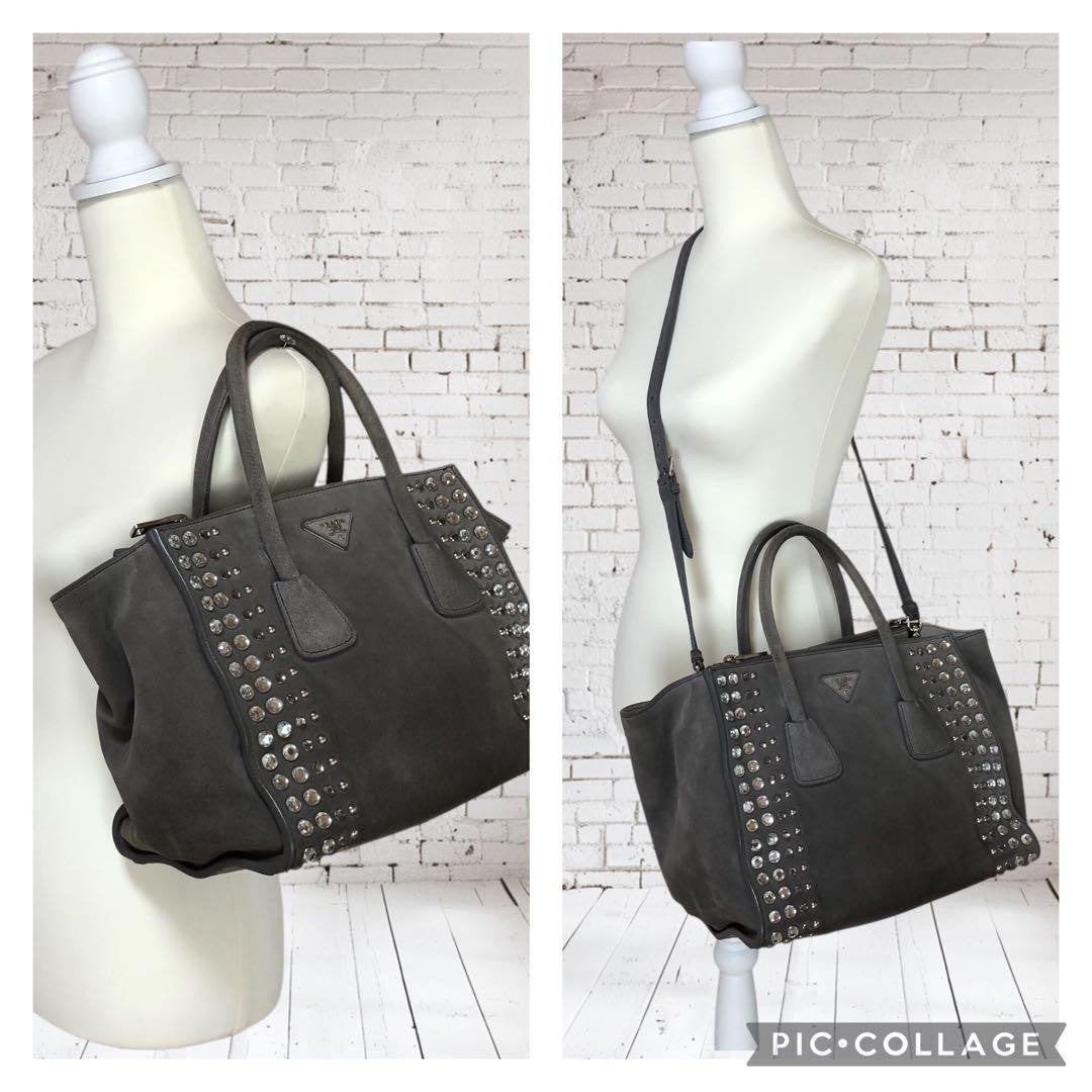 PRADA Hand Shoulder Bag Tote Purse 2way Logo Suede Gray Authentic