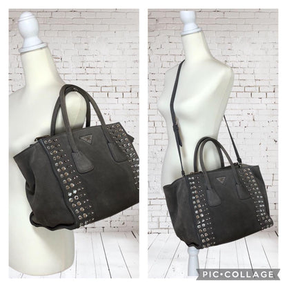 PRADA Hand Shoulder Bag Tote Purse 2way Logo Suede Gray Authentic