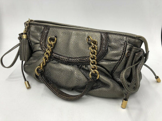 Dolce & Gabbana Hand Bag Tote Purse Leopard Leather Silver Authentic