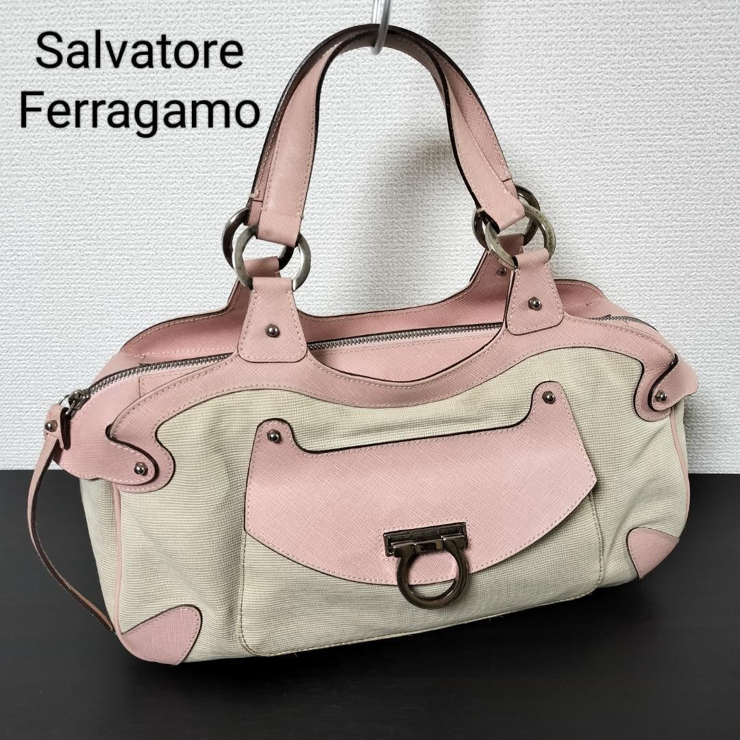 Salvatore Ferragamo Hand Bag Tote Purse Gancini Leather Pink Light Beige Auth