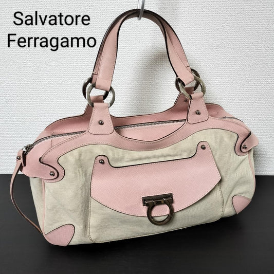 Salvatore Ferragamo Hand Bag Tote Purse Gancini Leather Pink Light Beige Auth