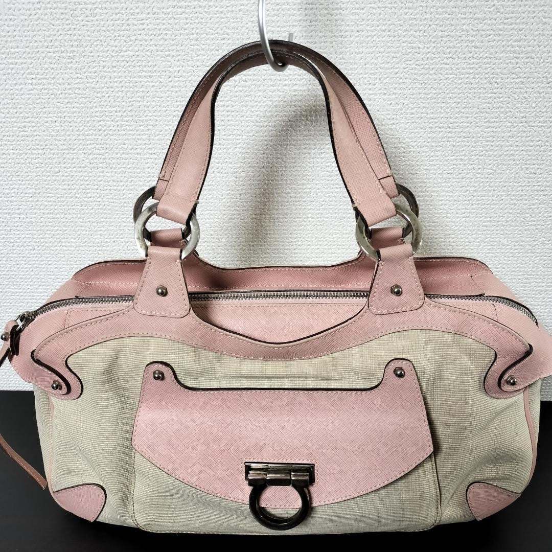 Salvatore Ferragamo Hand Bag Tote Purse Gancini Leather Pink Light Beige Auth