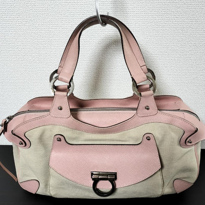 Salvatore Ferragamo Hand Bag Tote Purse Gancini Leather Pink Light Beige Auth