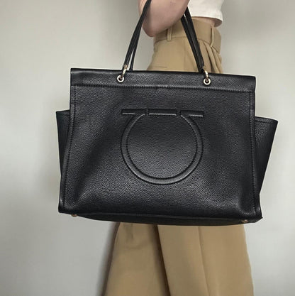 Salvatore Ferragamo Gancini Bag Handbag Tote Purse Leather Black Authentic Used
