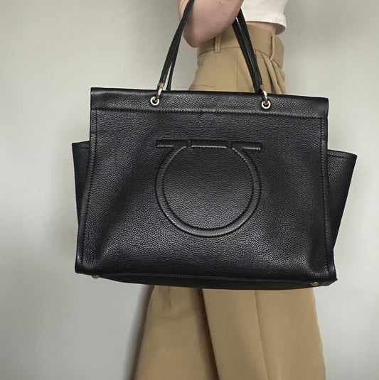 Salvatore Ferragamo Gancini Bag Handbag Tote Purse Leather Black Authentic Used