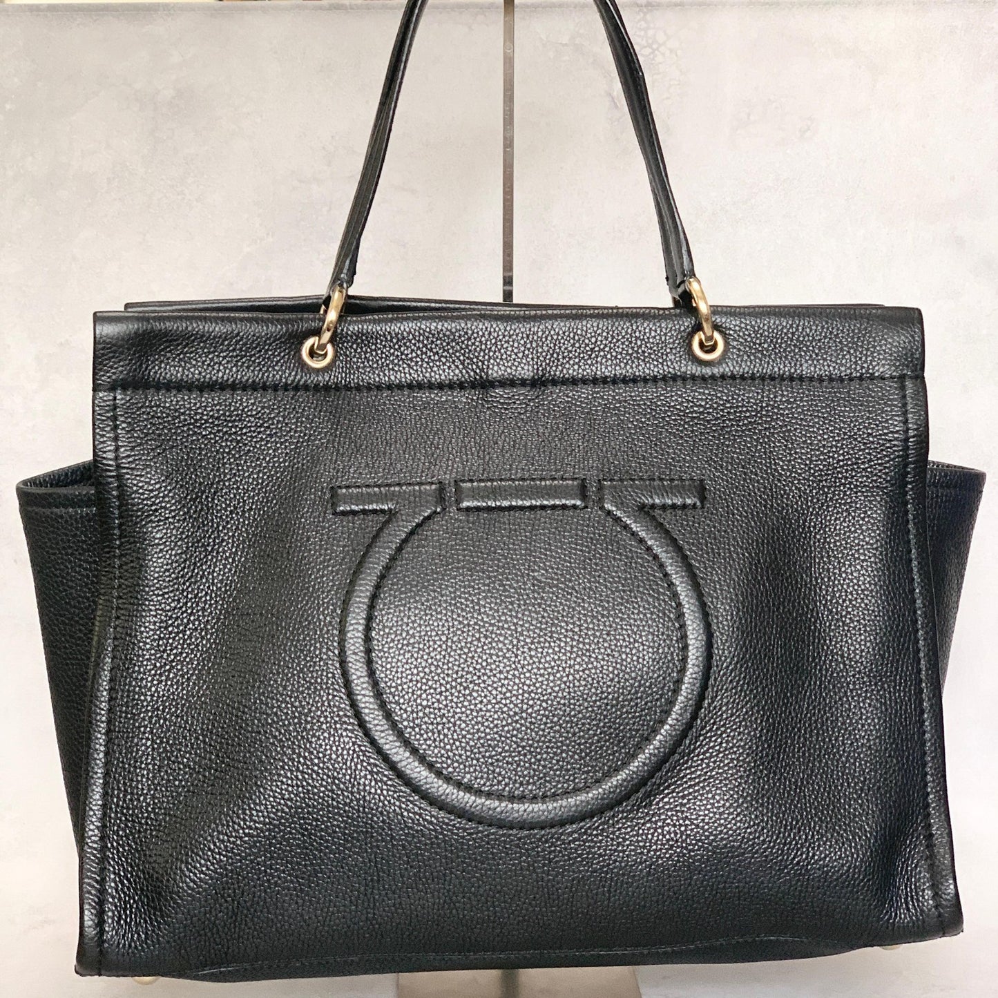 Salvatore Ferragamo Gancini Bag Handbag Tote Purse Leather Black Authentic Used