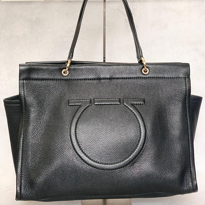 Salvatore Ferragamo Gancini Bag Handbag Tote Purse Leather Black Authentic Used