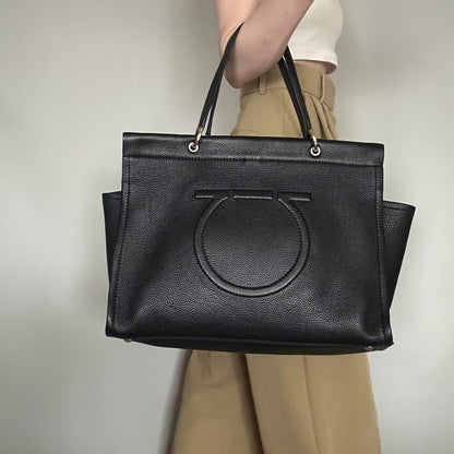 Salvatore Ferragamo Gancini Bag Handbag Tote Purse Leather Black Authentic Used