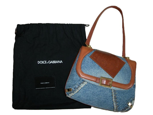 Dolce & Gabbana Hand Bag Tote Purse Denim Leather Blue Brown Authentic