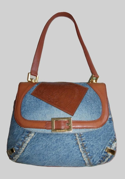 Dolce & Gabbana Hand Bag Tote Purse Denim Leather Blue Brown Authentic