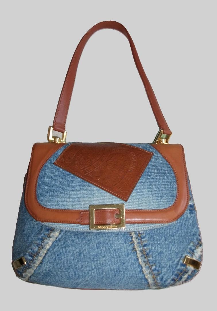 Dolce & Gabbana Hand Bag Tote Purse Denim Leather Blue Brown Authentic