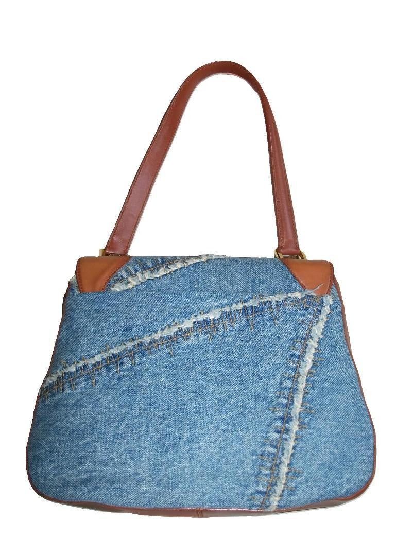Dolce & Gabbana Hand Bag Tote Purse Denim Leather Blue Brown Authentic