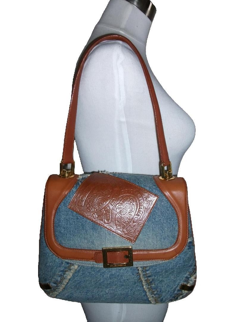 Dolce & Gabbana Hand Bag Tote Purse Denim Leather Blue Brown Authentic