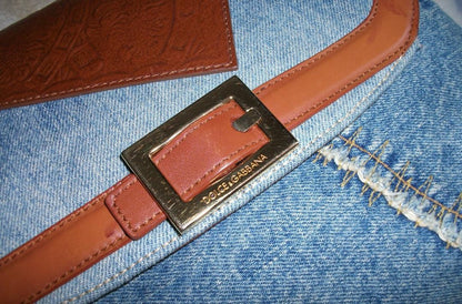 Dolce & Gabbana Hand Bag Tote Purse Denim Leather Blue Brown Authentic