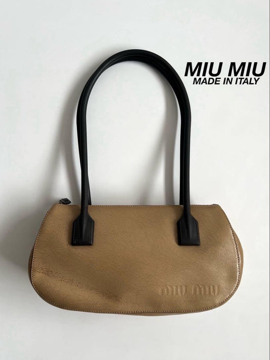 MIU MIU Hand Bag Tote Purse Logo Leather Beige Authentic