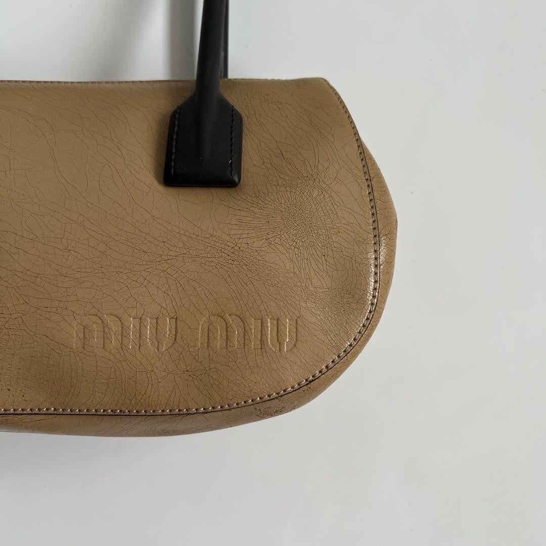 MIU MIU Hand Bag Tote Purse Logo Leather Beige Authentic