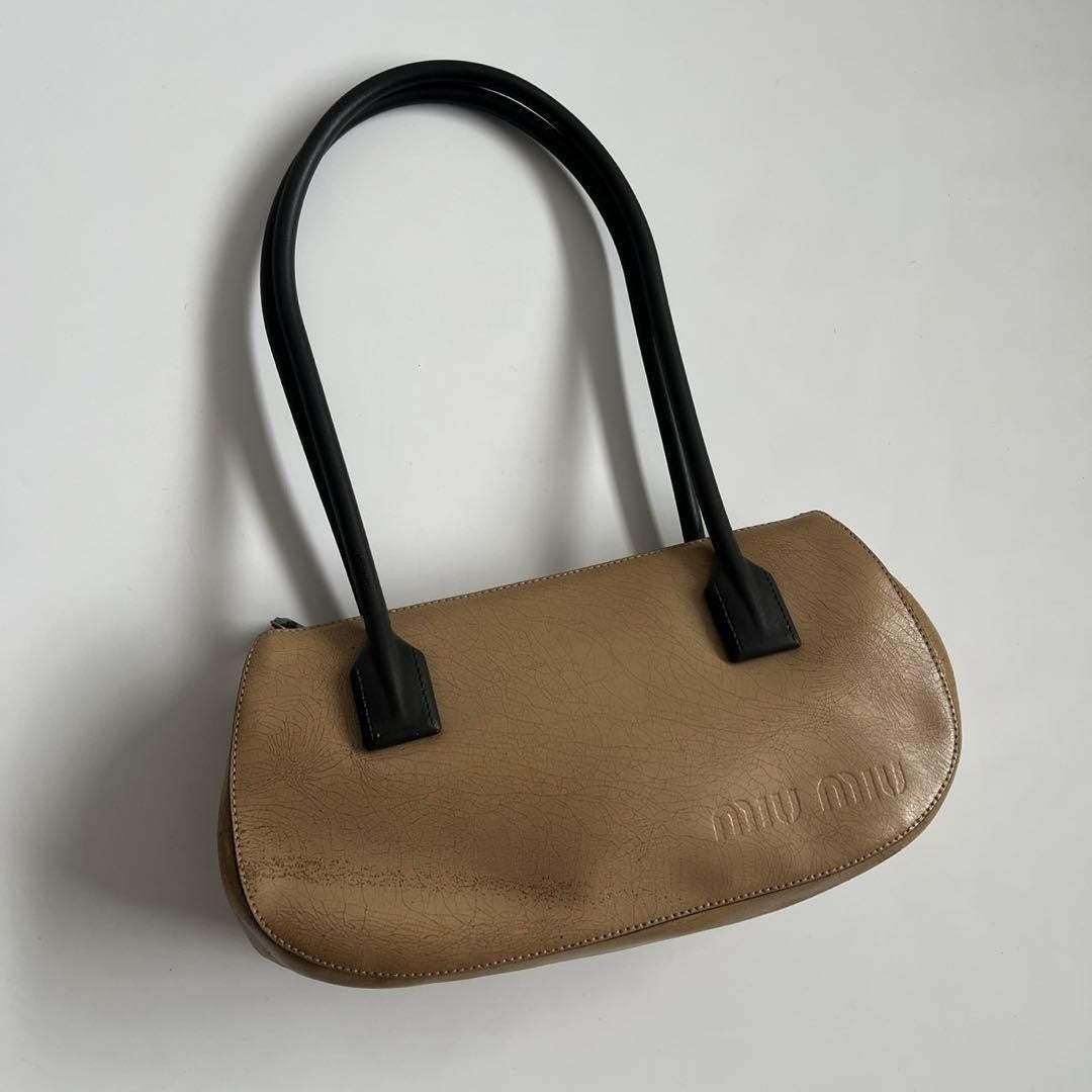 MIU MIU Hand Bag Tote Purse Logo Leather Beige Authentic