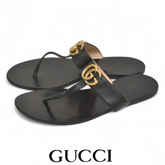 GUCCI Sandals Shoes GG EU 38.5 US 8.5 Leather Black Authentic