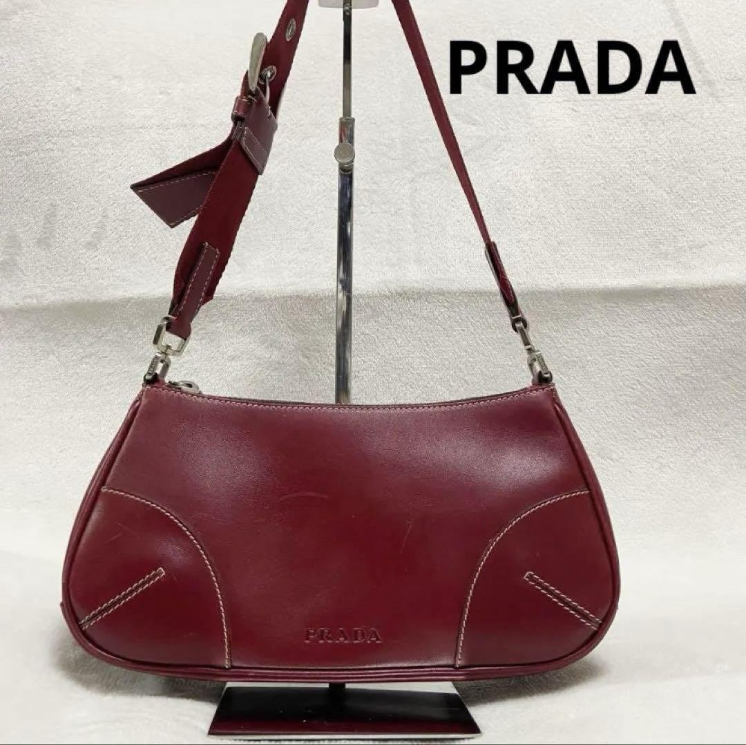 PRADA Shoulder Bag Purse Leather Red Authentic