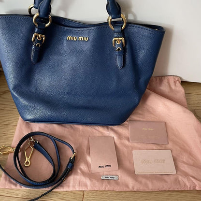 MIU MIU Purse Handbag convertible Logo Tote Bag Leather Blue Gold Used Women's