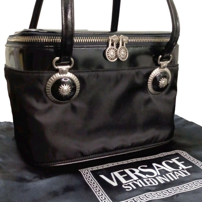 VERSACE Vanity Hand Bag Tote Purse Sunburst Nylon Leather Black Authentic