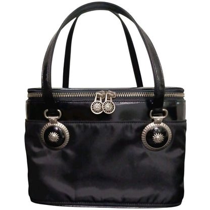 VERSACE Vanity Hand Bag Tote Purse Sunburst Nylon Leather Black Authentic