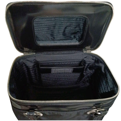 VERSACE Vanity Hand Bag Tote Purse Sunburst Nylon Leather Black Authentic