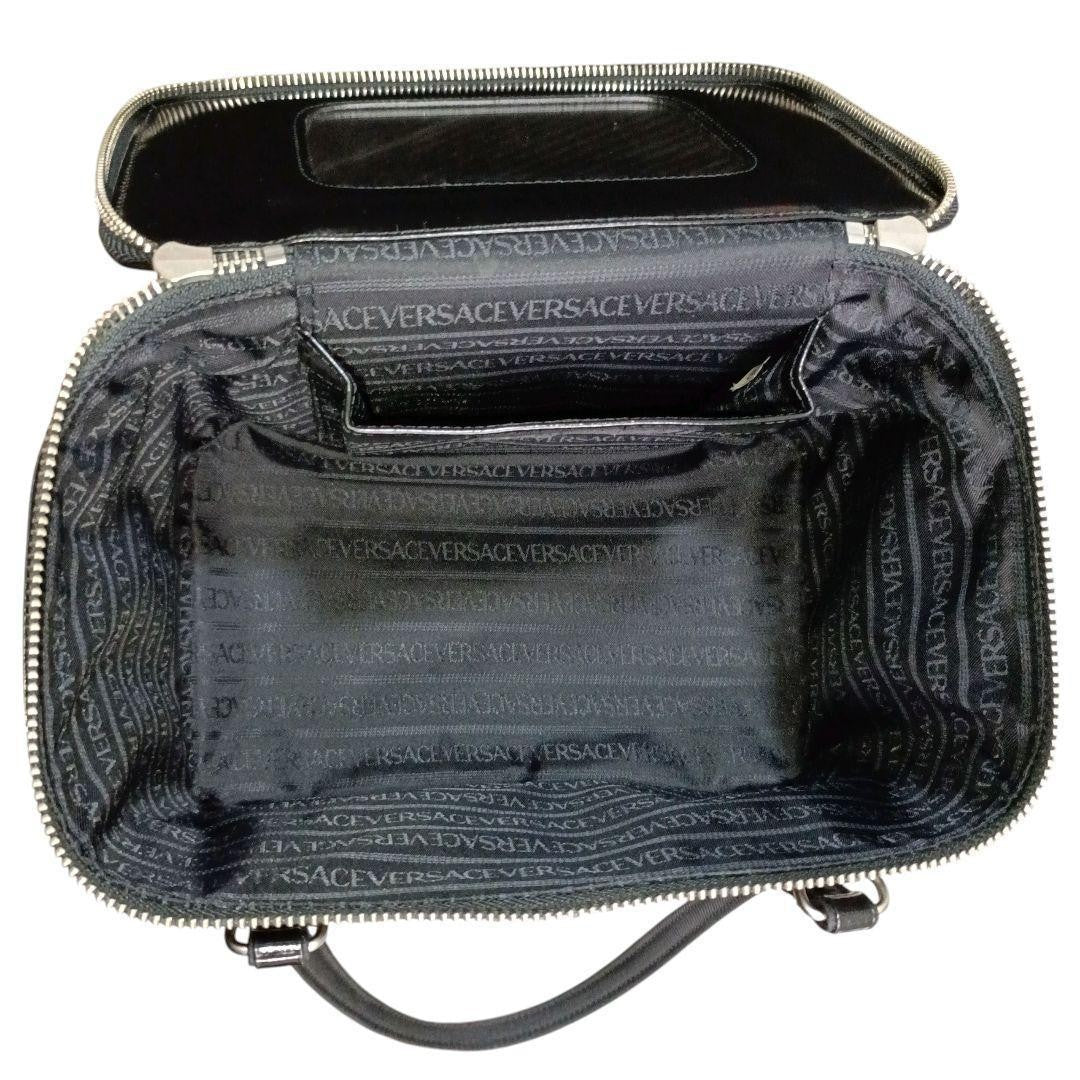 VERSACE Vanity Hand Bag Tote Purse Sunburst Nylon Leather Black Authentic