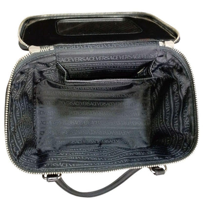 VERSACE Vanity Hand Bag Tote Purse Sunburst Nylon Leather Black Authentic