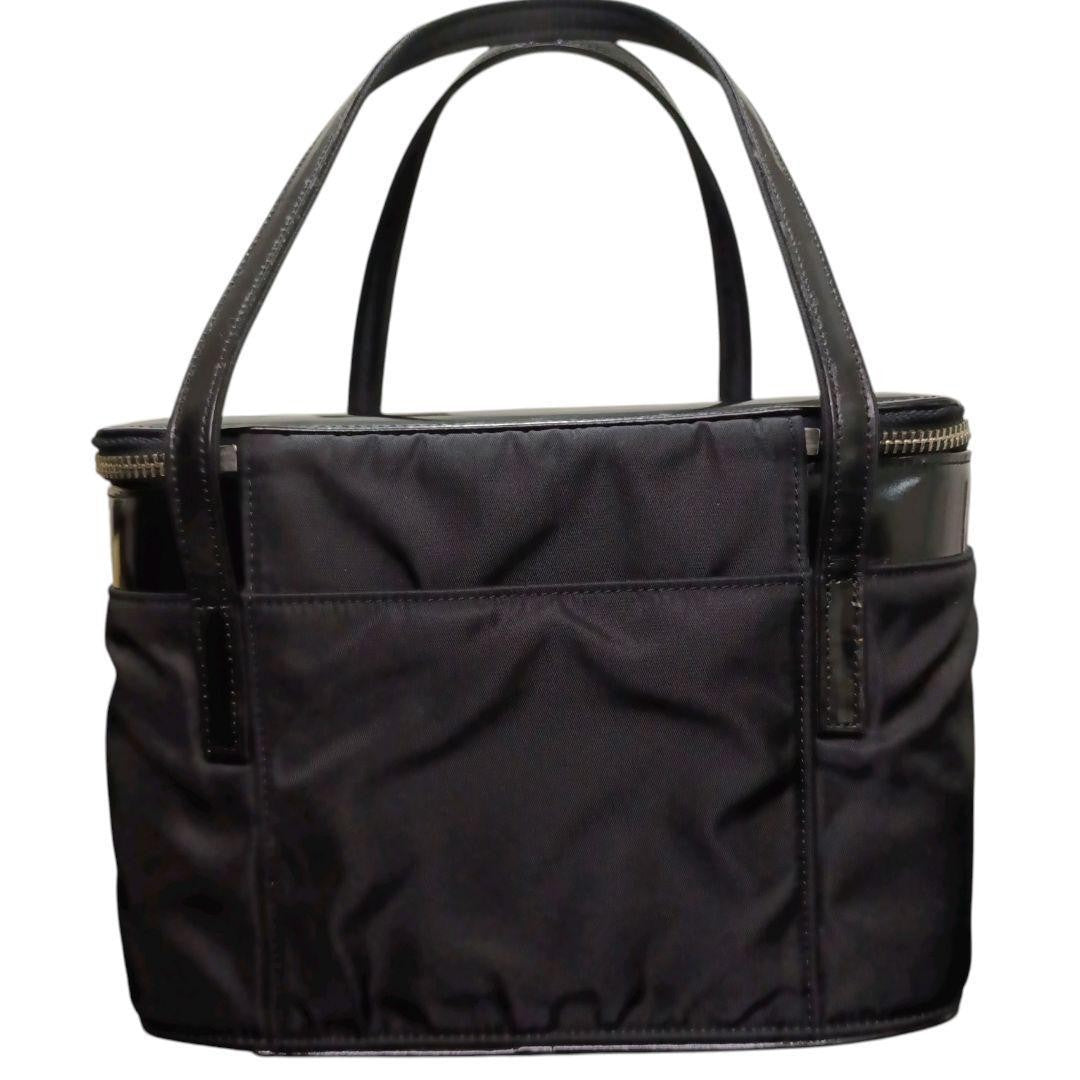 VERSACE Vanity Hand Bag Tote Purse Sunburst Nylon Leather Black Authentic