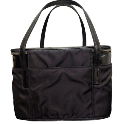 VERSACE Vanity Hand Bag Tote Purse Sunburst Nylon Leather Black Authentic