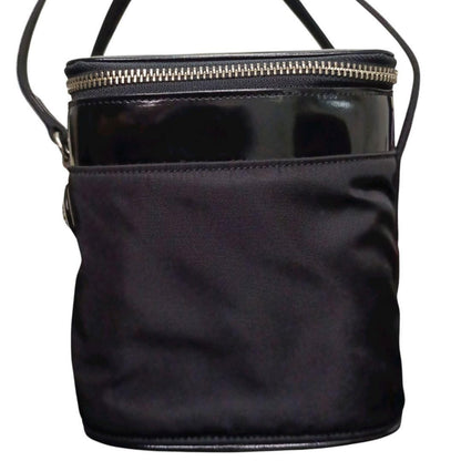 VERSACE Vanity Hand Bag Tote Purse Sunburst Nylon Leather Black Authentic