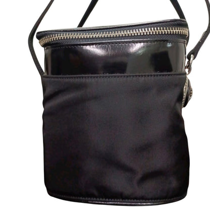 VERSACE Vanity Hand Bag Tote Purse Sunburst Nylon Leather Black Authentic