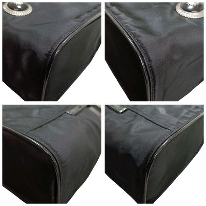 VERSACE Vanity Hand Bag Tote Purse Sunburst Nylon Leather Black Authentic