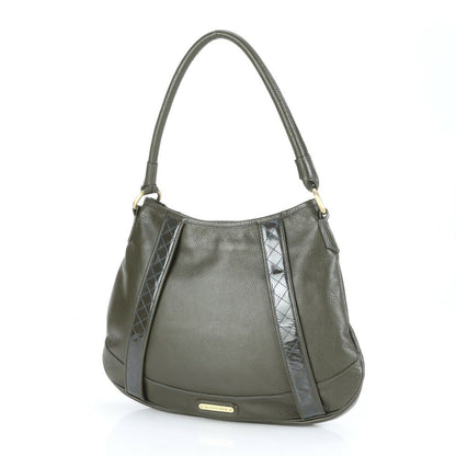 BURBERRY Hand Shoulder Bag Tote Purse Nova Check Leather Khaki Green Authentic