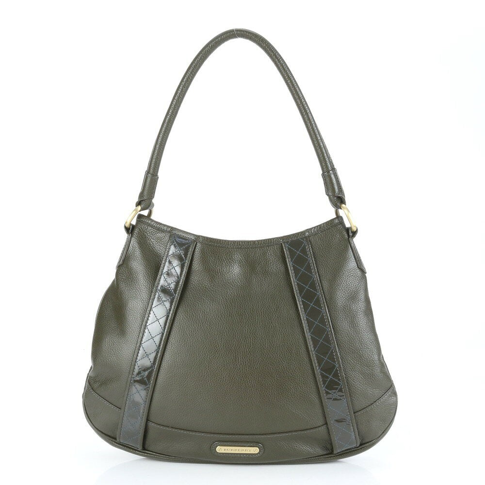 BURBERRY Hand Shoulder Bag Tote Purse Nova Check Leather Khaki Green Authentic
