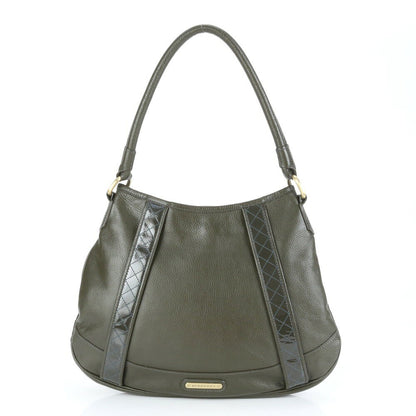 BURBERRY Hand Shoulder Bag Tote Purse Nova Check Leather Khaki Green Authentic