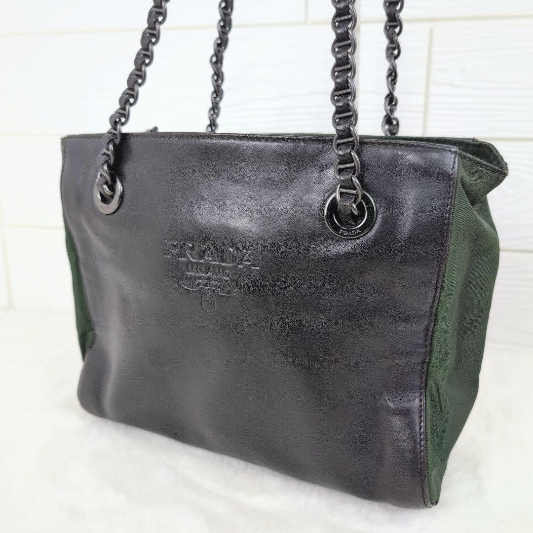 PRADA Shoulder Bag Purse Nylon Leather Green Black Authentic